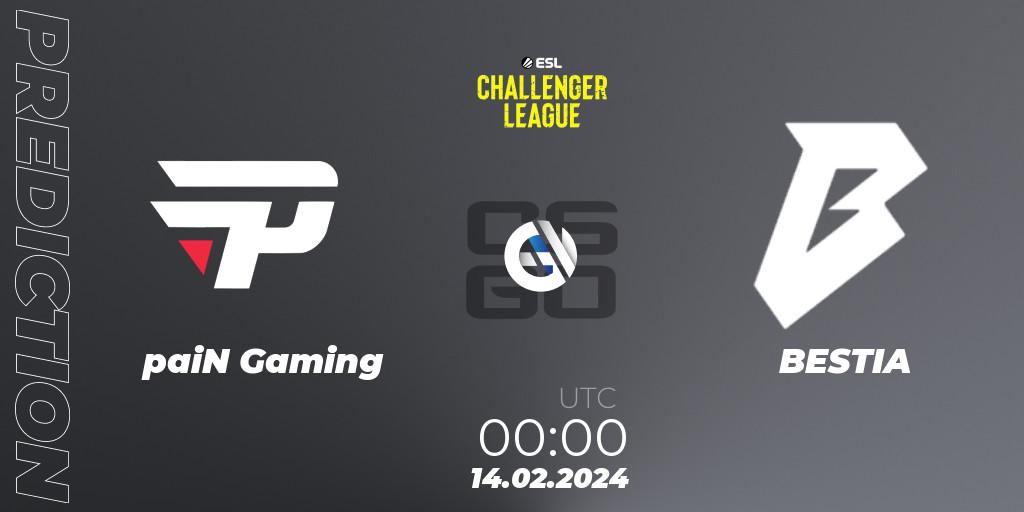 Pronósticos paiN Gaming - BESTIA. 14.02.2024 at 00:00. ESL Challenger League Season 47: South America - Counter-Strike (CS2)
