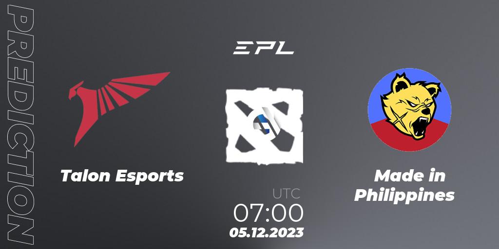 Pronósticos Talon Esports - Made in Philippines. 05.12.2023 at 07:05. EPL World Series: Southeast Asia Season 1 - Dota 2