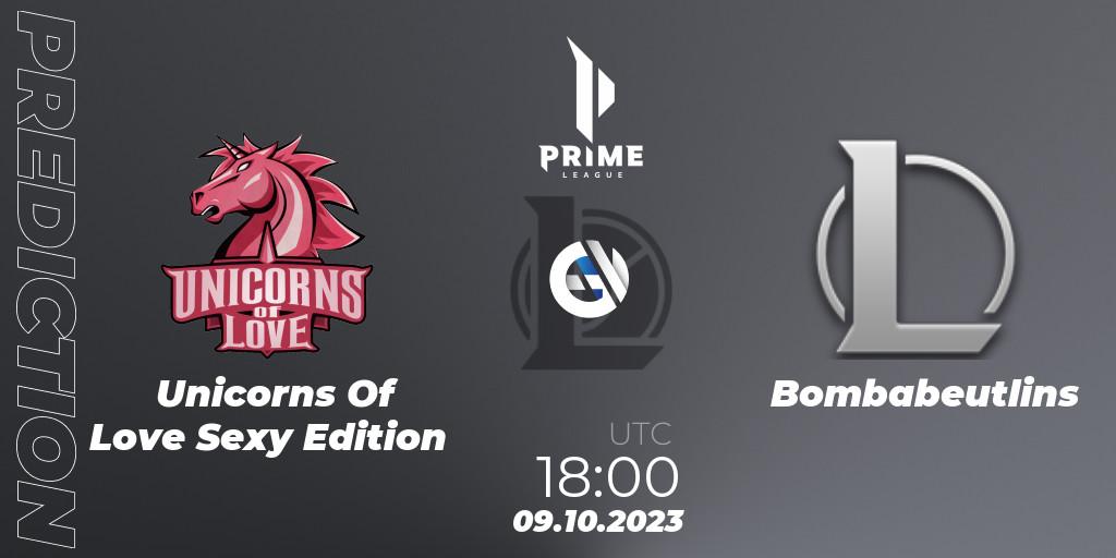 Pronósticos Unicorns Of Love Sexy Edition - Bombabeutlins. 09.10.2023 at 18:00. Prime League Pokal 2023 - LoL