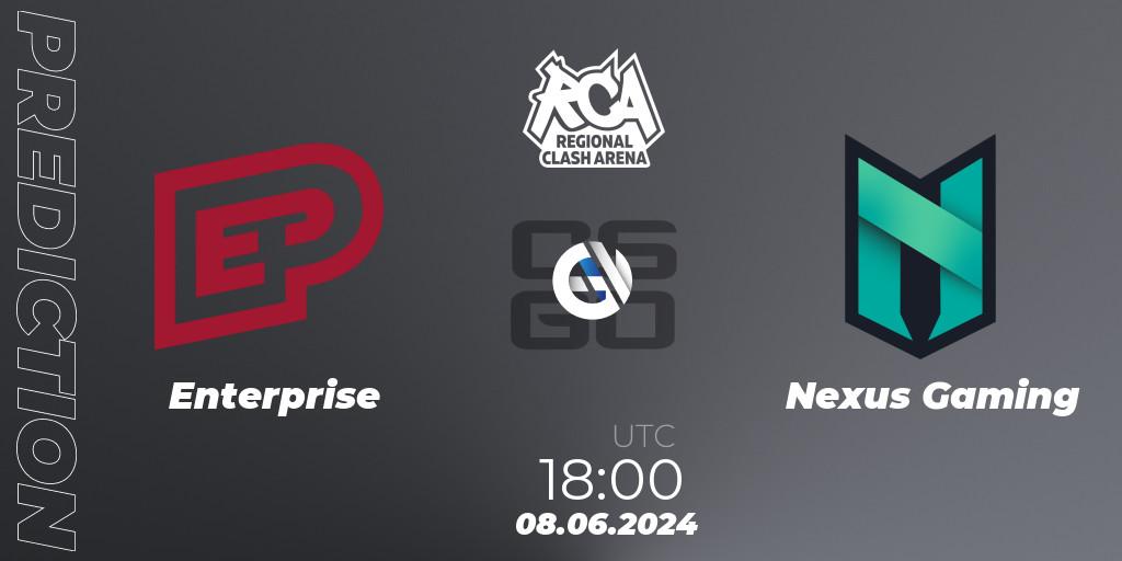 Pronósticos Enterprise - Nexus Gaming. 08.06.2024 at 18:20. Regional Clash Arena Europe - Counter-Strike (CS2)