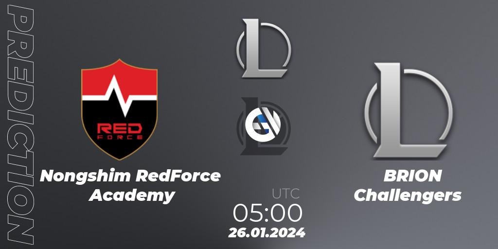 Pronósticos Nongshim RedForce Academy - BRION Challengers. 26.01.2024 at 05:00. LCK Challengers League 2024 Spring - Group Stage - LoL