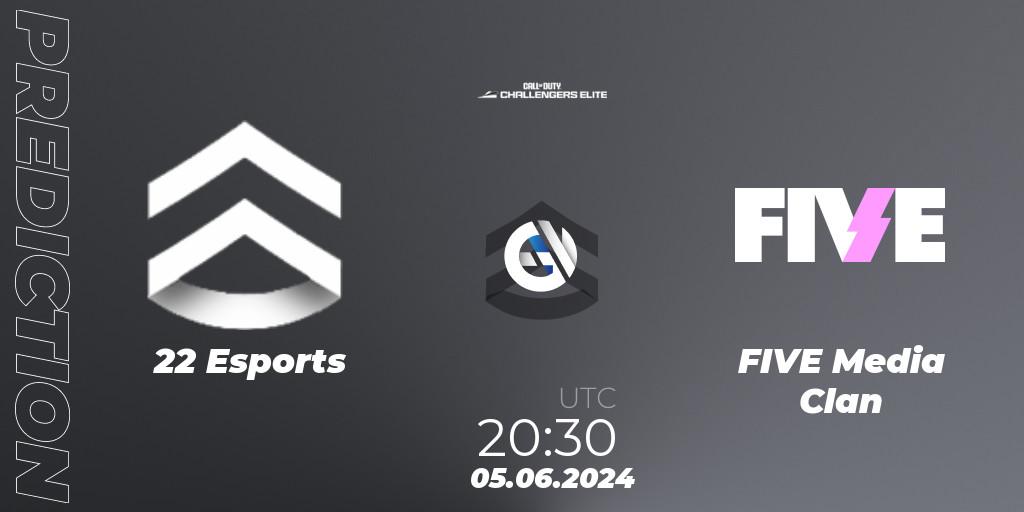 Pronósticos 22 Esports - FIVE Media Clan. 05.06.2024 at 19:30. Call of Duty Challengers 2024 - Elite 3: EU - Call of Duty