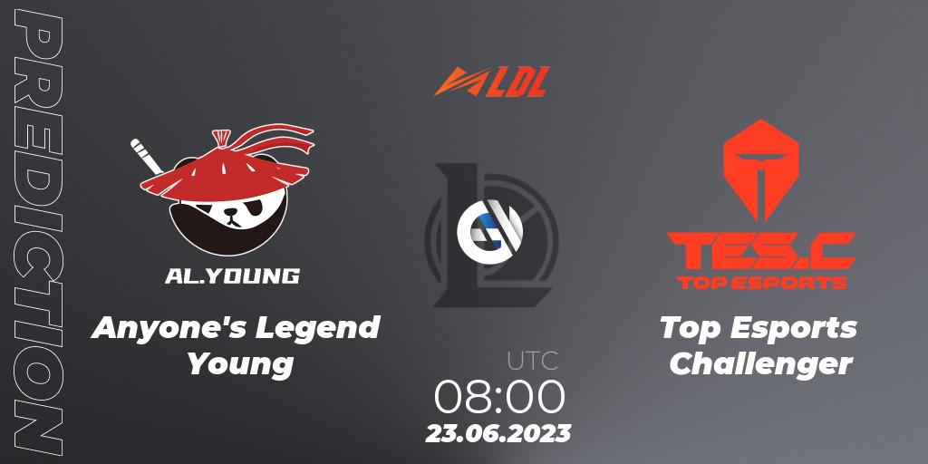 Pronósticos Anyone's Legend Young - Top Esports Challenger. 23.06.2023 at 09:00. LDL 2023 - Regular Season - Stage 3 - LoL