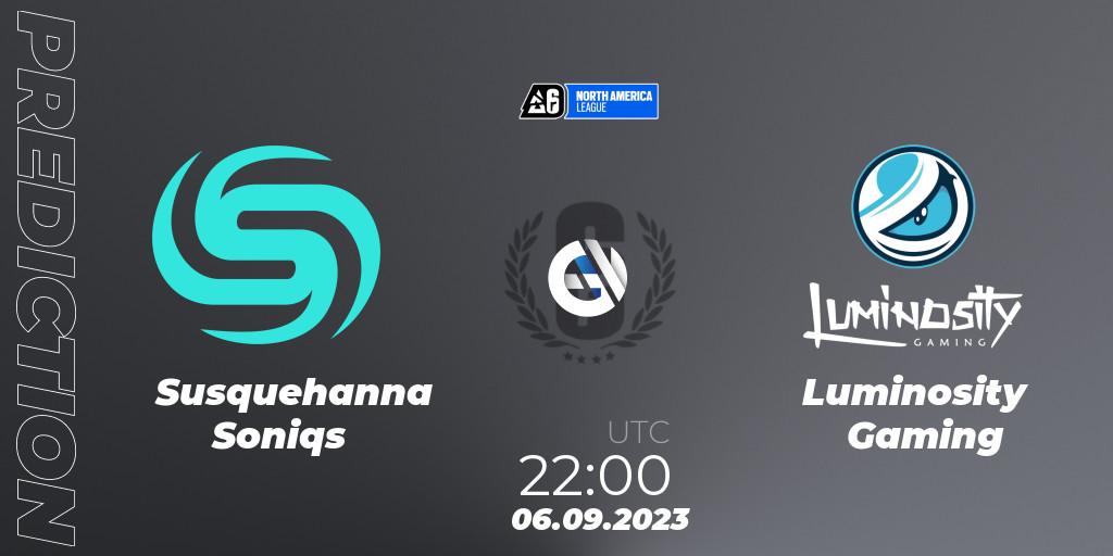 Pronósticos Susquehanna Soniqs - Luminosity Gaming. 06.09.2023 at 22:45. North America League 2023 - Stage 2 - Rainbow Six