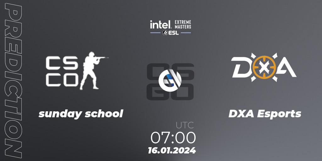 Pronósticos sunday school - DXA Esports. 16.01.2024 at 07:40. Intel Extreme Masters China 2024: Oceanic Open Qualifier #1 - Counter-Strike (CS2)