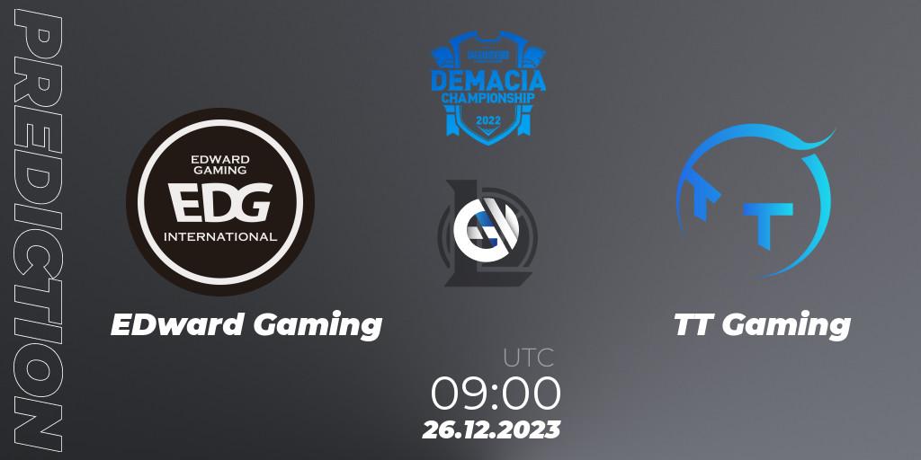 Pronósticos EDward Gaming - TT Gaming. 26.12.2023 at 09:00. Demacia Cup 2023 Group Stage - LoL