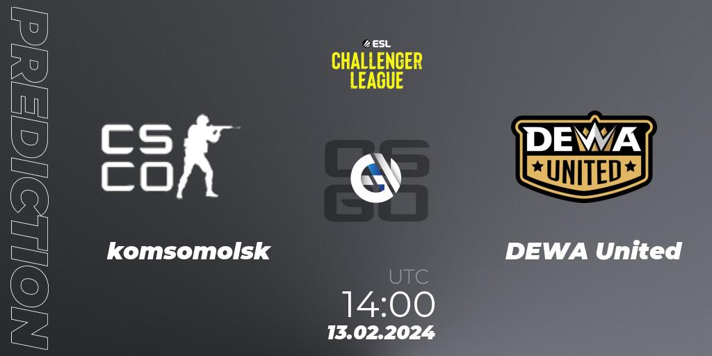 Pronósticos komsomolsk - DEWA United. 13.02.2024 at 14:00. ESL Challenger League Season 47: Asia - Counter-Strike (CS2)