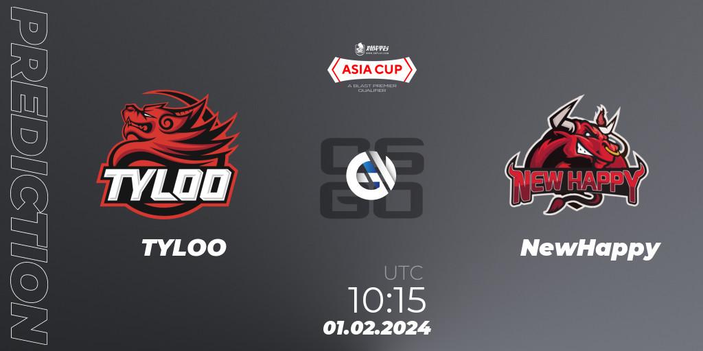 Pronósticos TYLOO - NewHappy. 01.02.2024 at 10:30. 5E Arena Asia Cup Spring 2024 - BLAST Premier Qualifier - Counter-Strike (CS2)