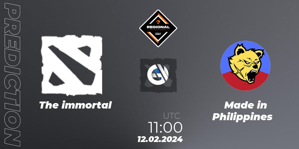 Pronósticos The immortal - Made in Philippines. 12.02.2024 at 13:00. RES Regional Series: SEA #1 - Dota 2