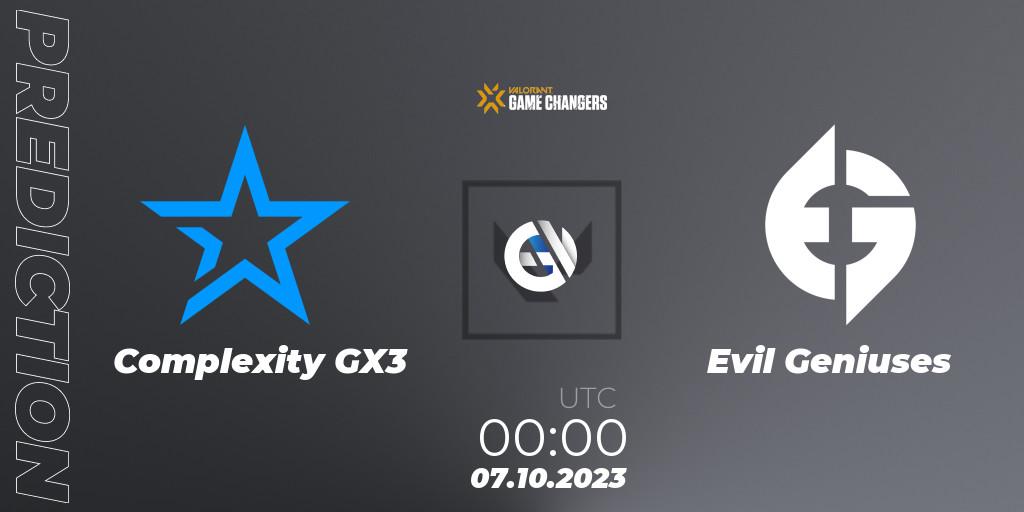 Pronósticos Complexity GX3 - Evil Geniuses. 07.10.23. VCT 2023: Game Changers North America Series S3 - VALORANT