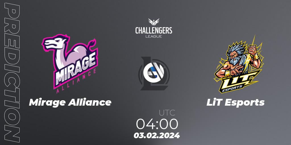 Pronósticos Mirage Alliance - LiT Esports. 03.02.2024 at 04:00. NACL 2024 Spring - Group Stage - LoL