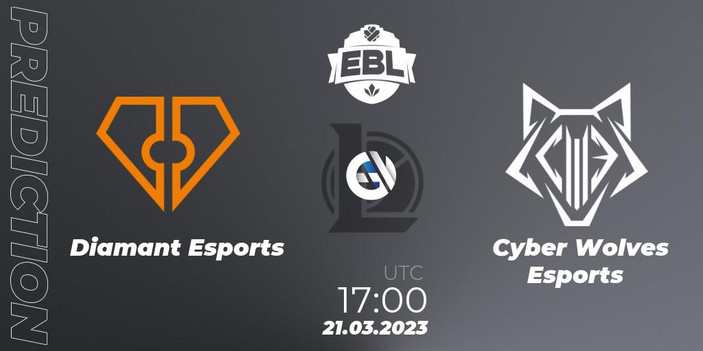 Pronósticos Diamant Esports - Cyber Wolves Esports. 21.03.2023 at 17:00. EBL Season 12 - Playoffs - LoL
