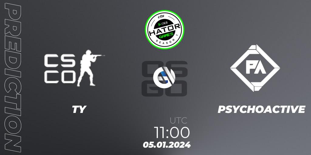 Pronósticos TY - PSYCHOACTIVE. 05.01.2024 at 11:00. HATOR Games #1 - Counter-Strike (CS2)