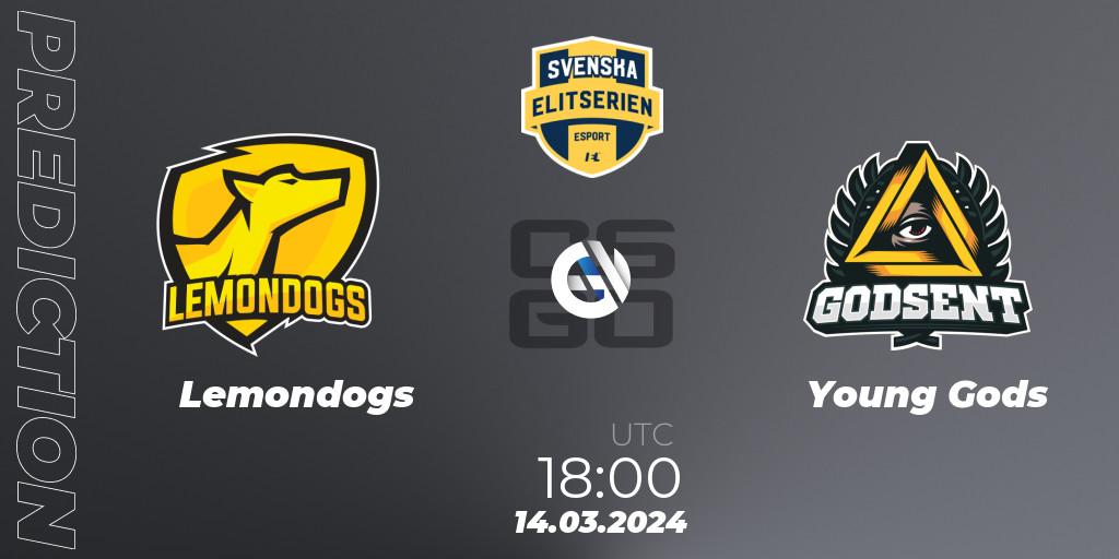 Pronósticos Lemondogs - Young Gods. 14.03.2024 at 18:10. Svenska Elitserien Spring 2024 - Counter-Strike (CS2)