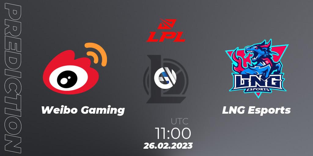 Pronósticos Weibo Gaming - LNG Esports. 26.02.2023 at 12:00. LPL Spring 2023 - Group Stage - LoL