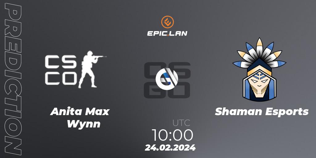 Pronósticos Anita Max Wynn - Shaman Esports. 24.02.2024 at 10:00. EPIC.LAN 41 - Counter-Strike (CS2)
