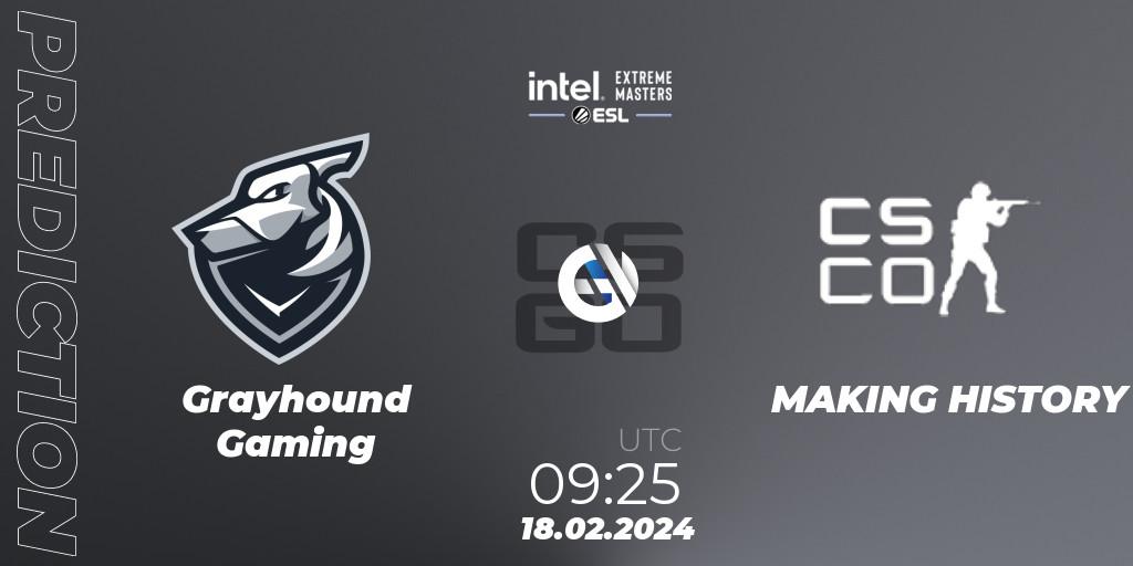 Pronósticos Grayhound Gaming - MAKING HISTORY. 18.02.2024 at 09:25. Intel Extreme Masters Dallas 2024: Oceanic Open Qualifier #1 - Counter-Strike (CS2)