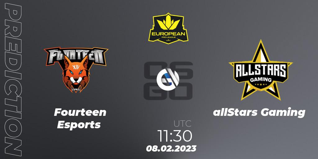 Pronósticos Fourteen Esports - allStars Gaming. 08.02.23. European Pro League Season 6: Division 2 - CS2 (CS:GO)