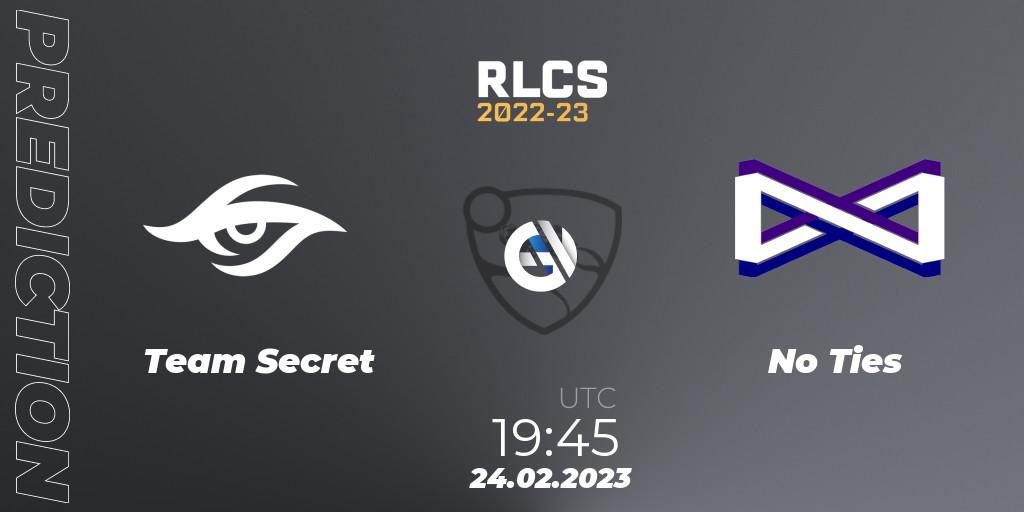 Pronósticos Team Secret - No Ties. 24.02.2023 at 19:45. RLCS 2022-23 - Winter: South America Regional 3 - Winter Invitational - Rocket League
