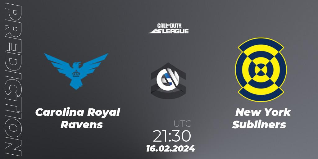 Pronósticos Carolina Royal Ravens - New York Subliners. 16.02.2024 at 21:30. Call of Duty League 2024: Stage 2 Major Qualifiers - Call of Duty