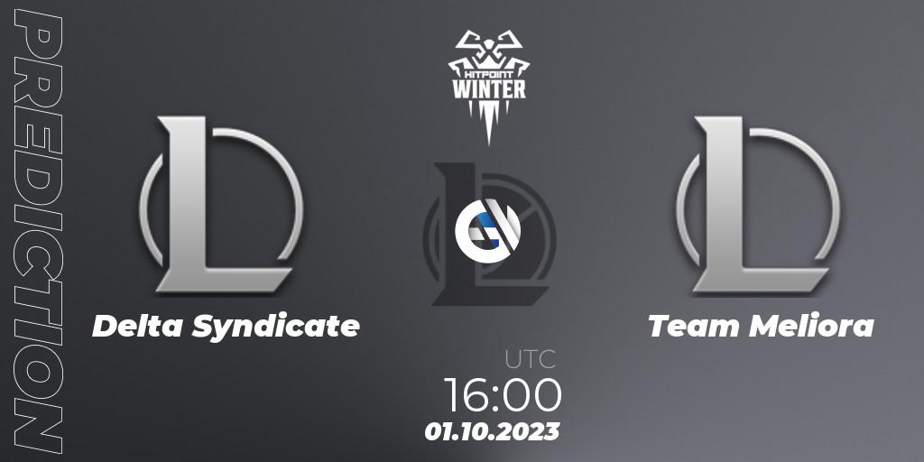 Pronósticos Delta Syndicate - Team Meliora. 01.10.2023 at 16:00. Hitpoint Masters Winter 2023 - Group Stage - LoL