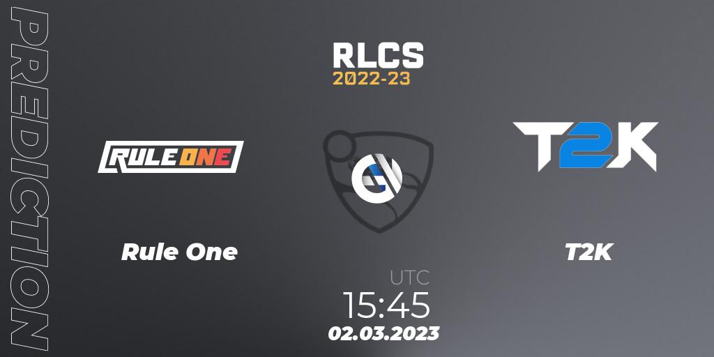Pronósticos Rule One - T2K. 02.03.2023 at 15:45. RLCS 2022-23 - Winter: Middle East and North Africa Regional 3 - Winter Invitational - Rocket League