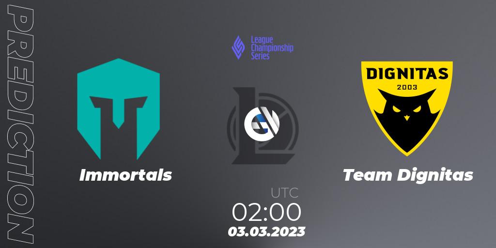 Pronósticos Immortals - Team Dignitas. 03.03.23. LCS Spring 2023 - Group Stage - LoL