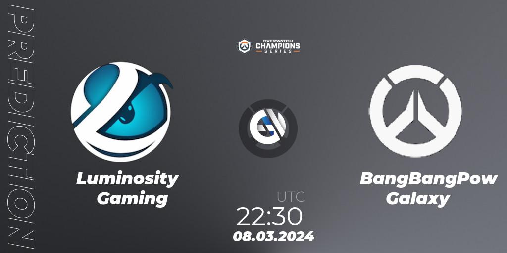 Pronósticos Luminosity Gaming - BangBangPow Galaxy. 08.03.2024 at 22:30. Overwatch Champions Series 2024 - North America Stage 1 Group Stage - Overwatch