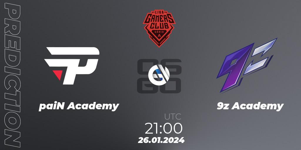 Pronósticos paiN Academy - 9z Academy. 26.01.2024 at 23:00. Gamers Club Liga Série A: January 2024 - Counter-Strike (CS2)