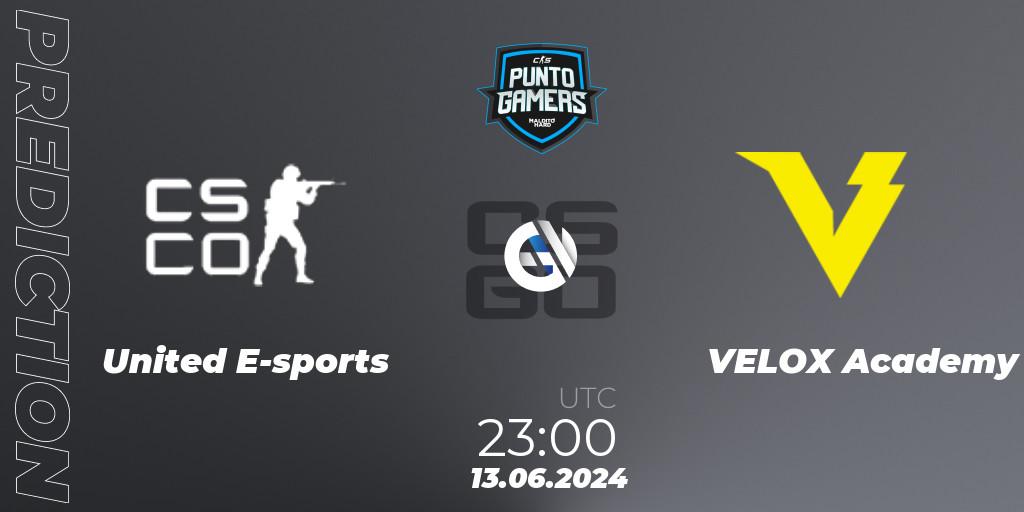 Pronósticos United E-sports - VELOX Academy. 13.06.2024 at 23:00. Punto Gamers Cup 2024 - Counter-Strike (CS2)