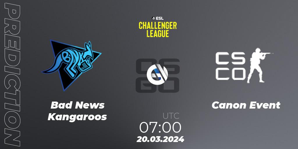 Pronósticos Bad News Kangaroos - Canon Event. 20.03.2024 at 07:00. ESL Challenger League Season 47: Oceania - Counter-Strike (CS2)