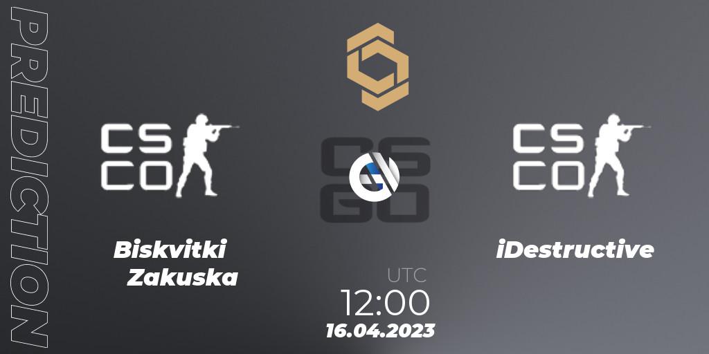 Pronósticos Biskvitki Zakuska - iDestructive. 16.04.2023 at 12:00. CCT South Europe Series #4: Closed Qualifier - Counter-Strike (CS2)