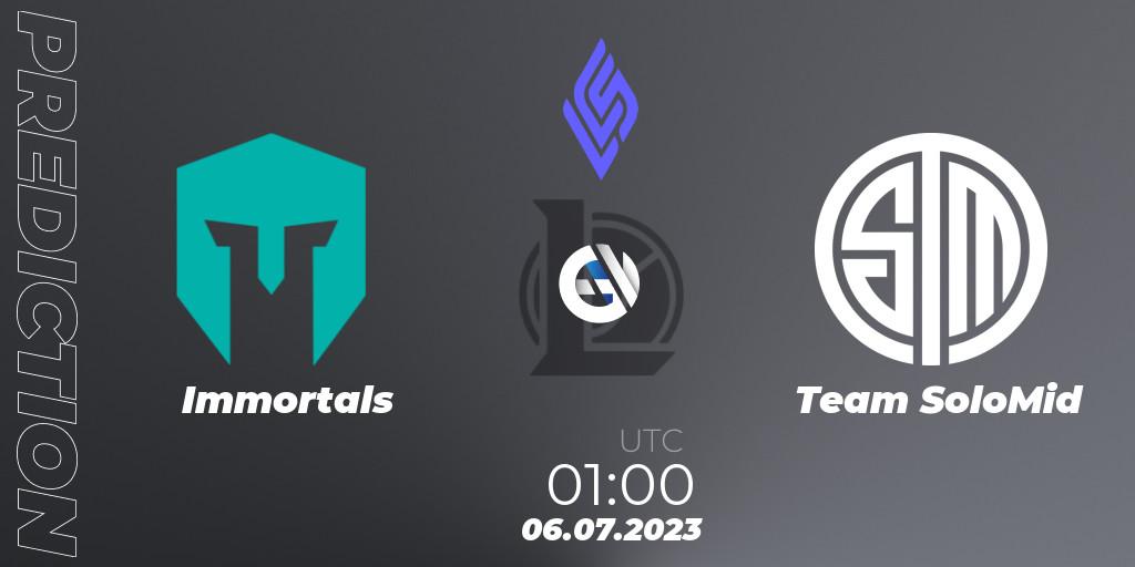 Pronósticos Immortals - Team SoloMid. 06.07.2023 at 01:00. LCS Summer 2023 - Group Stage - LoL