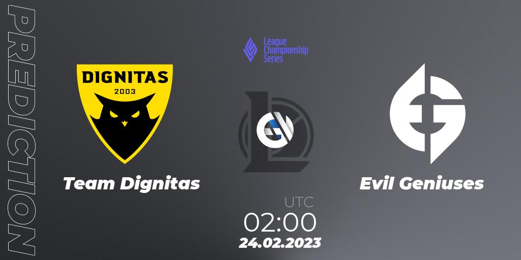 Pronósticos Team Dignitas - Evil Geniuses. 24.02.2023 at 02:00. LCS Spring 2023 - Group Stage - LoL