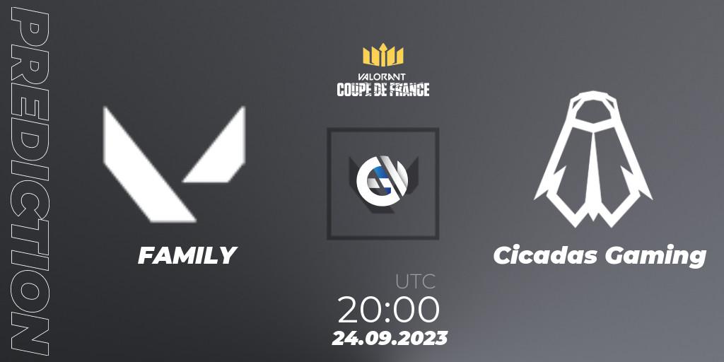 Pronósticos FAMILY - Cicadas Gaming. 24.09.2023 at 20:15. VCL France: Revolution - Coupe De France 2023 - VALORANT