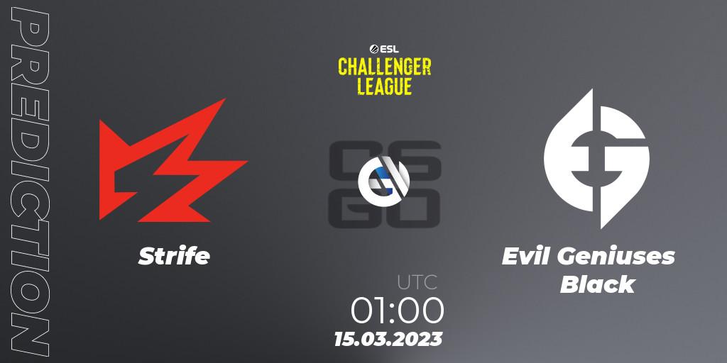 Pronósticos Strife - Evil Geniuses Black. 15.03.2023 at 00:00. ESL Challenger League Season 44: North America - Counter-Strike (CS2)