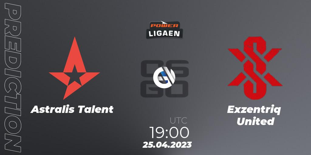 Pronósticos Astralis Talent - Exzentriq United. 25.04.2023 at 19:00. Dust2.dk Ligaen Season 23 - Counter-Strike (CS2)