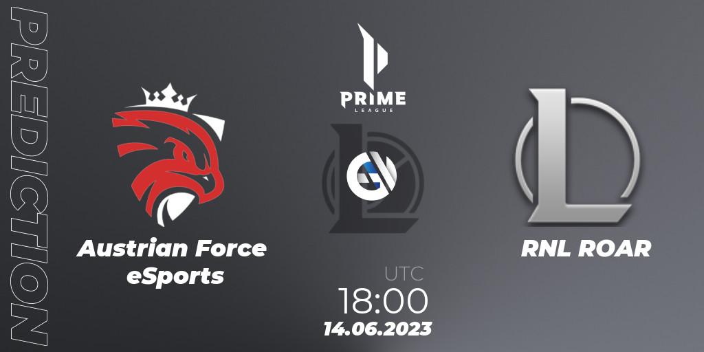 Pronósticos Austrian Force eSports - RNL ROAR. 14.06.2023 at 18:00. Prime League 2nd Division Summer 2023 - LoL