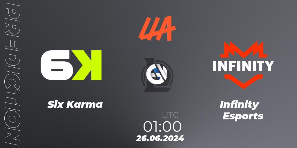 Pronósticos Six Karma - Infinity Esports. 26.06.2024 at 01:00. LLA Closing 2024 - Group Stage - LoL