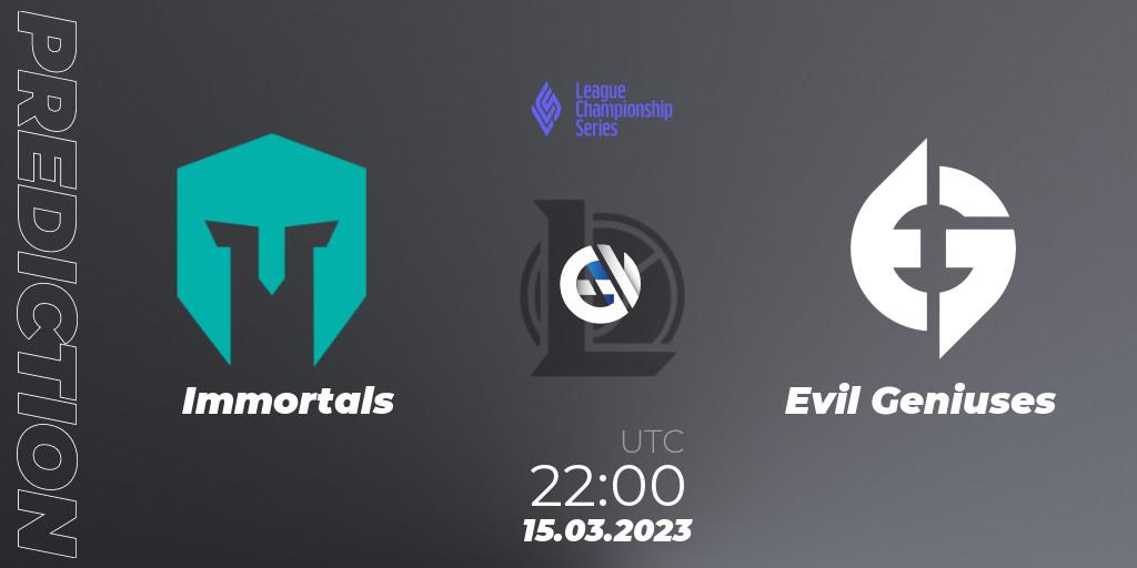 Pronósticos Immortals - Evil Geniuses. 17.02.23. LCS Spring 2023 - Group Stage - LoL