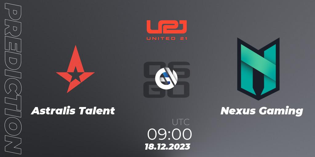 Pronósticos Astralis Talent - Nexus Gaming. 18.12.2023 at 10:00. United21 Season 9 - Counter-Strike (CS2)