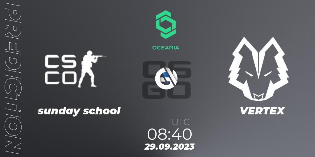 Pronósticos sunday school - VERTEX. 29.09.2023 at 08:40. CCT Oceania Series #2 - Counter-Strike (CS2)