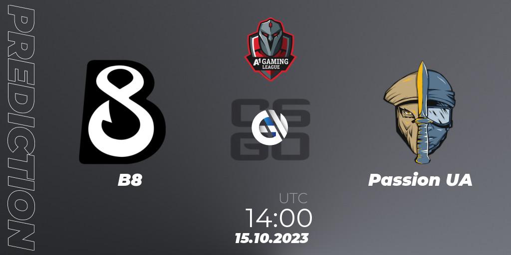Pronósticos B8 - Passion UA. 15.10.2023 at 13:30. A1 Gaming League Season 7 - Counter-Strike (CS2)