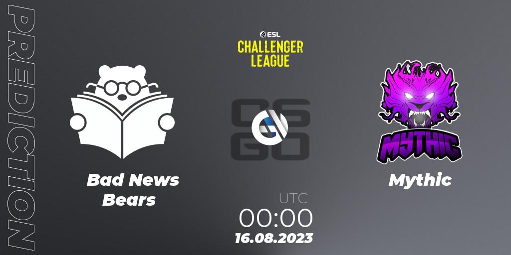 Pronósticos Bad News Bears - Mythic. 16.08.2023 at 00:10. ESL Challenger League Season 46: North America - Counter-Strike (CS2)
