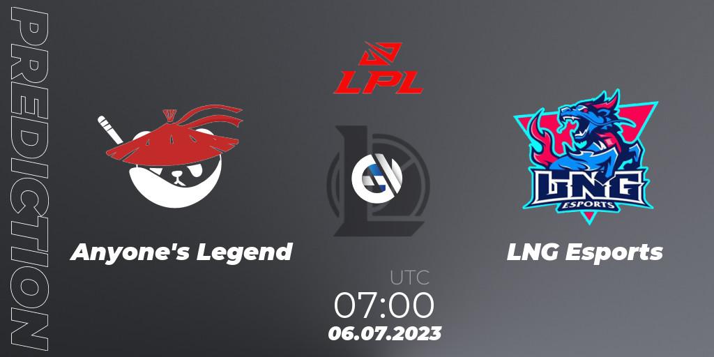 Pronósticos Anyone's Legend - LNG Esports. 06.07.23. LPL Summer 2023 Regular Season - LoL