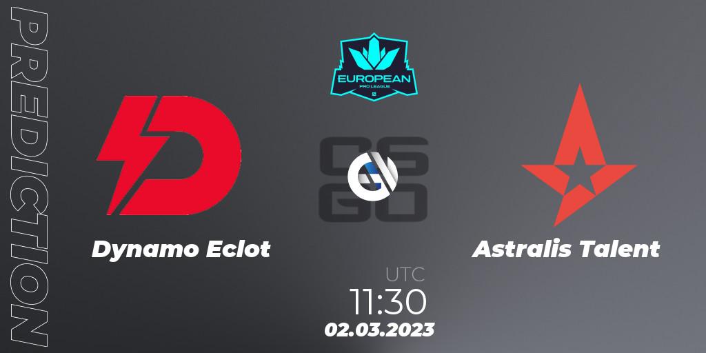 Pronósticos Dynamo Eclot - Astralis Talent. 02.03.2023 at 11:30. European Pro League Season 6 - Counter-Strike (CS2)
