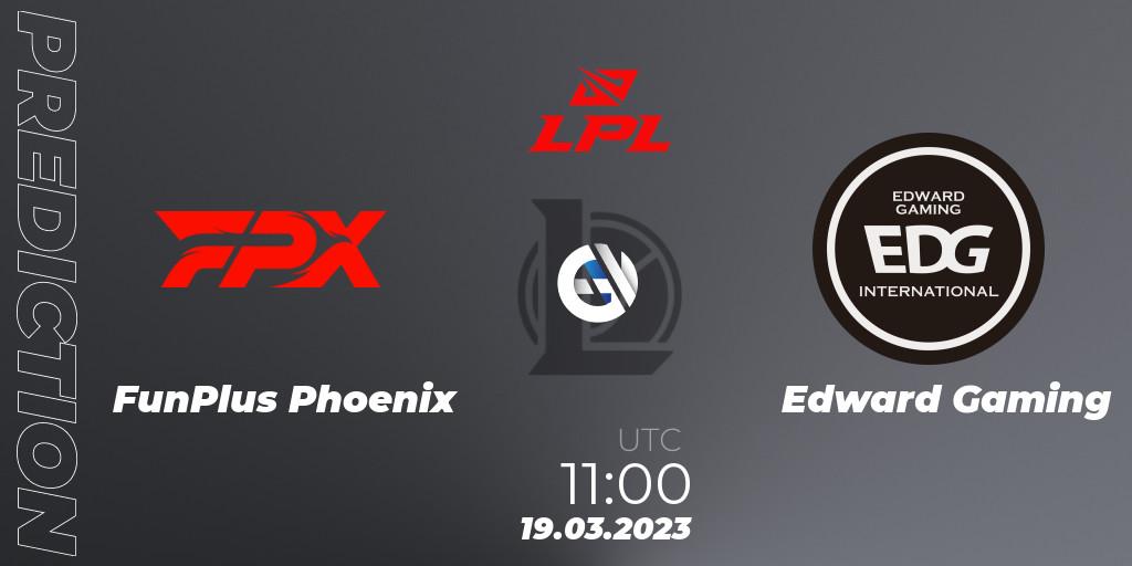Pronósticos FunPlus Phoenix - Edward Gaming. 19.03.2023 at 09:00. LPL Spring 2023 - Group Stage - LoL