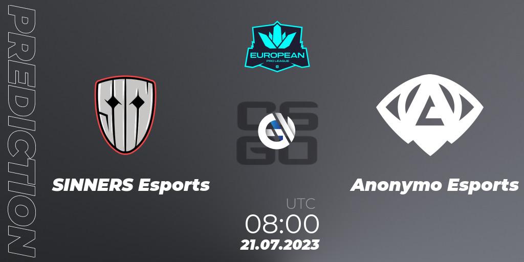 Pronósticos SINNERS Esports - Anonymo Esports. 21.07.2023 at 08:00. European Pro League Season 9 - Counter-Strike (CS2)