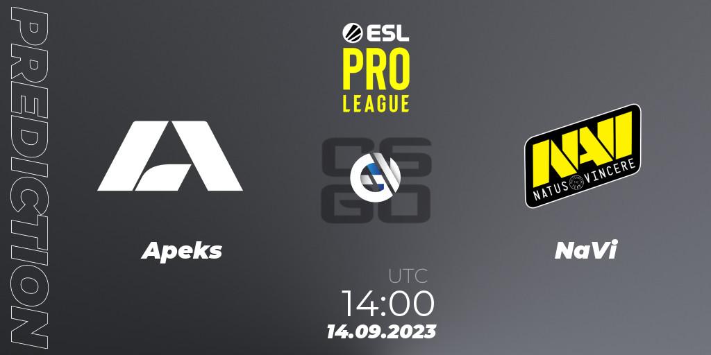 Pronósticos Apeks - NaVi. 14.09.2023 at 14:00. ESL Pro League Season 18 - Counter-Strike (CS2)