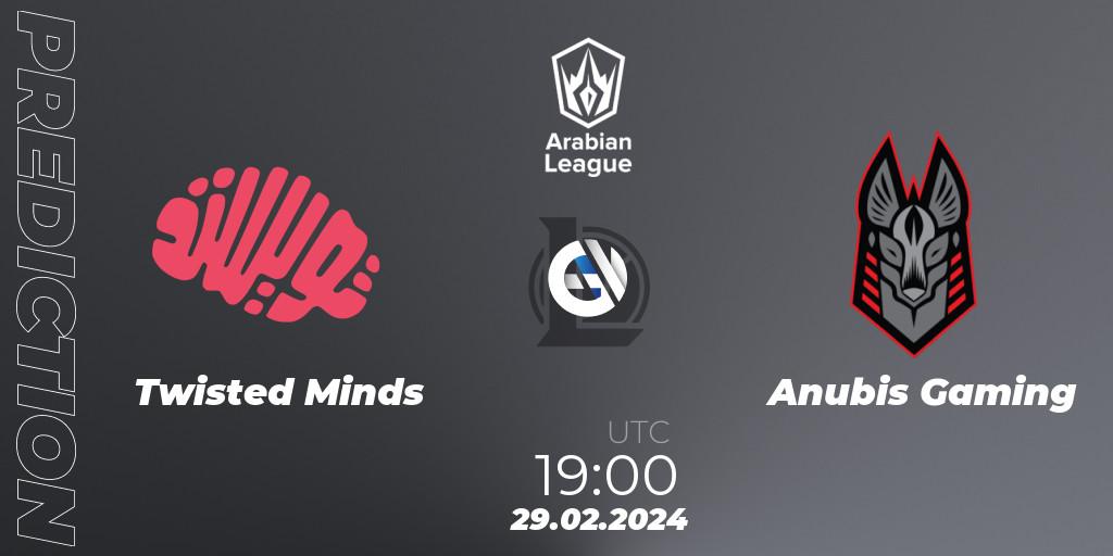Pronósticos Twisted Minds - Anubis Gaming. 29.02.2024 at 19:00. Arabian League Spring 2024 - LoL